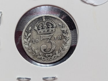 1918 Great Britain Three Pence, 92.5% Silver, 1.41 Grams.