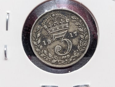 1917 Great Britain Three Pence, 92.5% Silver, 1.41 Grams.