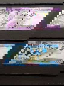 2021 Philippines 1000 Piso, 2023 Philippines 100 Piso Both notes are genuine polymer issues from the