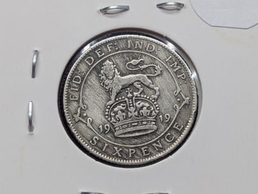 1919 Great Britain Six Pence, 92.5% Silver, 2.82 Grams.