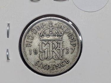 1937 Great Britain Six Pence, 50% Silver, 2.82 Grams.