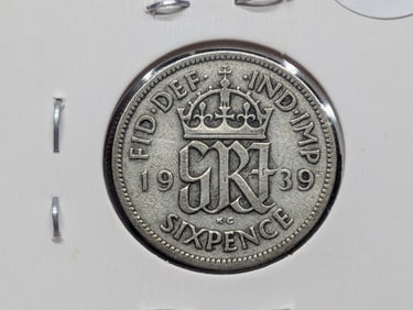 1939 Great Britain Six Pence, 50% Silver, 2.82 Grams.