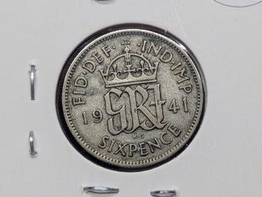 1941 Great Britain Six Pence, 50% Silver, 2.82 Grams.