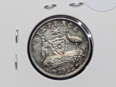 1942-S Australia Six Pence, 50% Silver, 2.83 Grams.