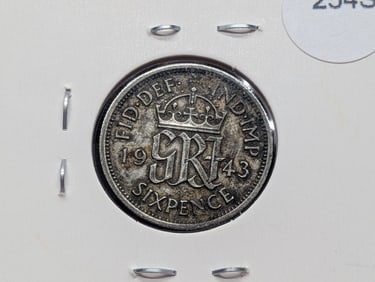 1943 Great Britain Six Pence, 50% Silver, 2.82 Grams.