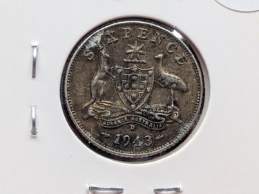 1943-D Australia Six Pence, 50% Silver, 2.82 Grams.