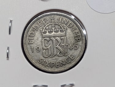 1945 Great Britain Six Pence, 50% Silver, 2.82 Grams.