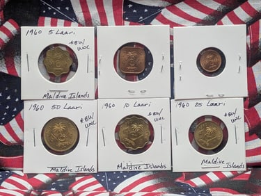 1960 Maldive Islands Set Laari Coins, BU, Uncirculated (One, Two, Five, Ten, Twenty Five, Fifty).