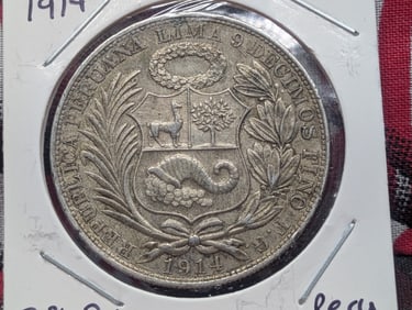 1914 Peru Un Sol, 90% Silver, 25 Grams,.