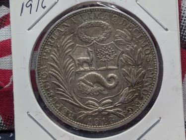1916 Peru Un Sol, 90% Silver, 25 Grams,,.