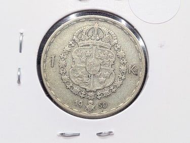 1950 Sweden One Krona, Silver Fineness: 0.4000, Weight: 7.0000g.