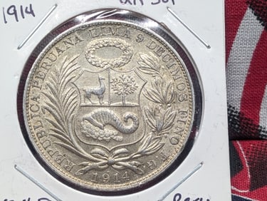 1914 Peru Un Sol, 90% Silver, 25 Grams,.