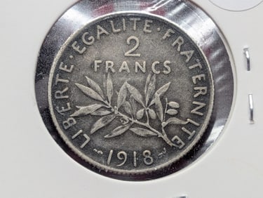 1918 France Two Franc, Silver Fineness: 0.8350, Weight: 10.0000g.
