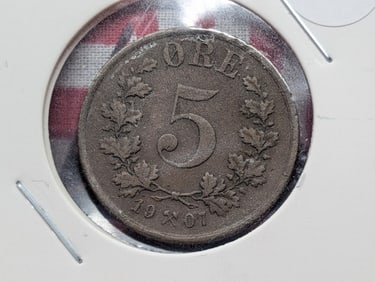 1907 Norway Five Ore, XF.