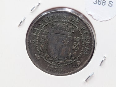 1875 Spain 5 Centimos, Bronze, Alfonso XII, Crowned arms within wreath.