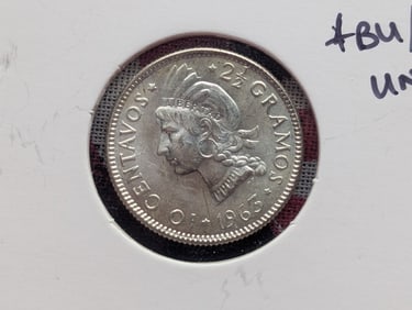 1963 Dominican Republic Ten Centavos, BU/Uncirculated, Silver Fineness: 0.6500, Weight: 2.5000g.