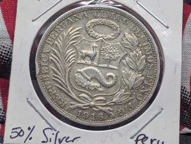 1916 Peru Un Sol, 90% Silver, 25 Grams,,.