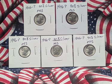 Five - 1946-P Roosvelt Dimes 90% Silver all MS.