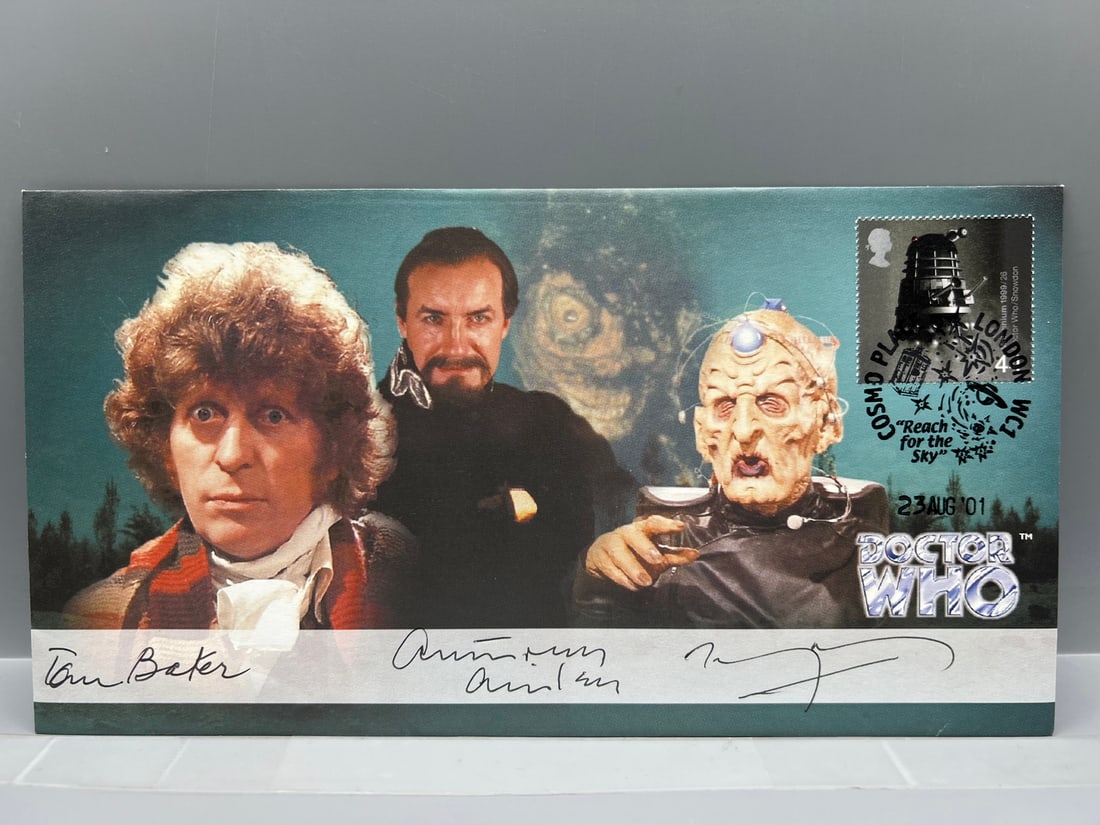 2001 Doctor Who 1st Day Cover Signed by Tom Baker (The 4th Doctor), Anthony Ainley (The Master),: 2001 Doctor Who 1st Day Cover Signed by Tom Baker (The 4th Doctor), Anthony Ainley (The Master), Terry Molloy (Davros) - #464/1000