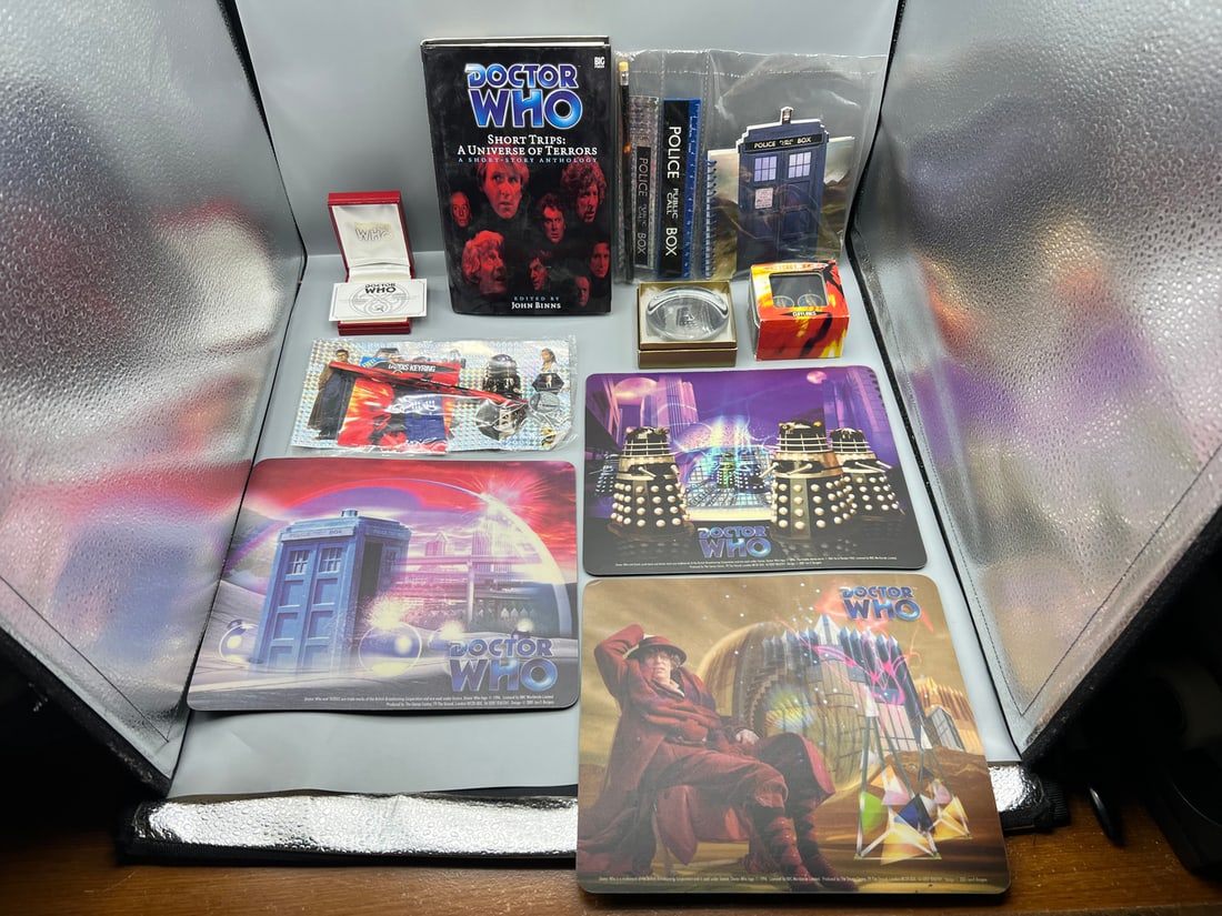 Doctor Who Lot of Collectibles - Cuff links, Dalek Stamp Paperweight, Limited Edition Watch Box(No: Doctor Who Lot of Collectibles - Cuff links, Dalek Stamp Paperweight, Limited Edition Watch Box(No watch), Mouse Pads