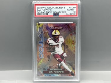 2023 Wild Card Alumination Draft Zay Flowers Ocular Rainbow Orange/Red RC #/25 PSA Gem Mint 10