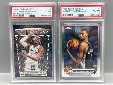 2023-24 Victor Wembanyama Donruss Optic My House Purple RC #6 PSA NM 7 & Topps Chrome RC #1 PSA