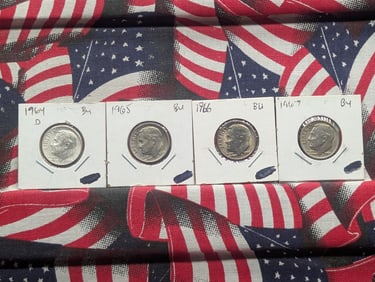 1964-D 90% Silver, 1965, 1966, & 1967 Roosevelt Dimes