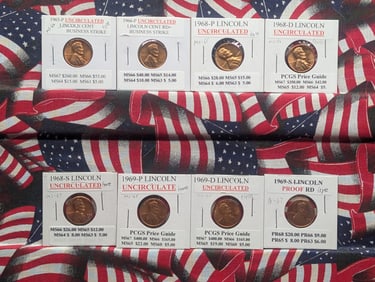 1965-P, 1966-P, 1968 P,D&S, 1969 P&D Unc. &1969-S Proof Lincoln Memorial Cents