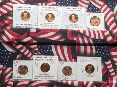 1984-S, 1985-S, 1986-S, 1987-S 1988-S Proofs 1987 P&D, 1988-D, Unc. Lincoln Memorial Cents