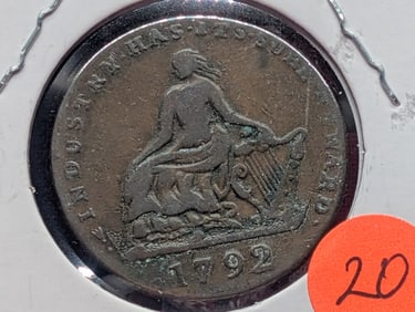 1792 Ireland Halfpenny Conder Token (Dublin), Copper, Hibernia with Harp / PRO BONO PUBLICO, D&H
