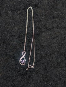 Sterling Silver Infinity Necklace - Heart-cut amethyst-colored stone with accent crystals in