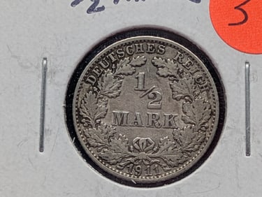 1911 F Germany 1/2 Mark SILVER