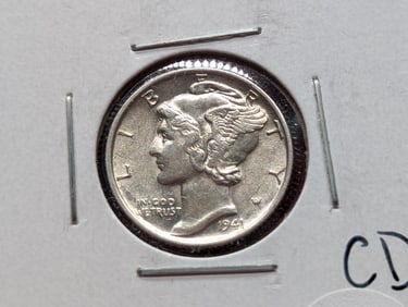 1941 Mercury Dime. GEM BU. 90% Silver. WWII Era, LUSTROUS