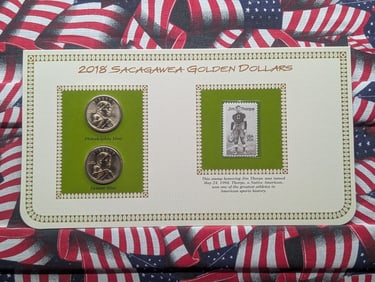 2018 P & D Uncirculated Sacagawea Jim Thorpe Dollars with Information Card