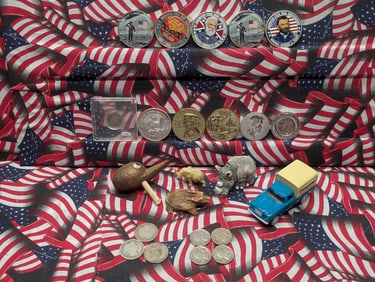 GRAB BAG - 1oz SILVER, Three Silver Barber Quarters, One Silver Dime, Misc coins, Tokens, and other