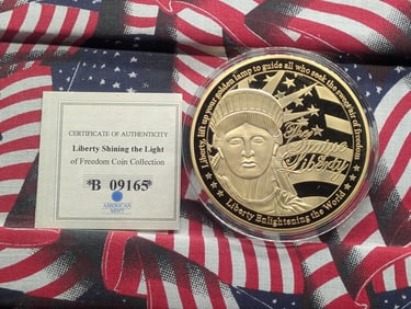 24K Gold Plated Liberty Shining the Light Colossal Coin with Crystal, 2.75 Inches in Diameter
