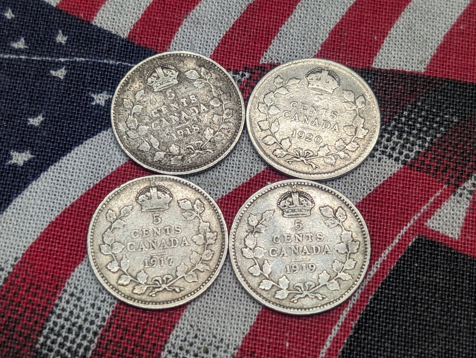 1917, 1918, 1919, .925 Sterling Silver Coins, & 1920 is 80% Silver, Canada Silver Five Cent Coins (1 of 2)