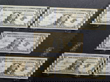 5 - 1957 One Dollar SILVER Certificates, Three B Series & Two A Series