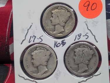 1916- S, 1917-S, 1918-S Mercury Dimes