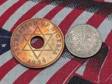 1959 Nigeria 1 Penny & 1927 Mexico 20 Centavos 72% Silver 