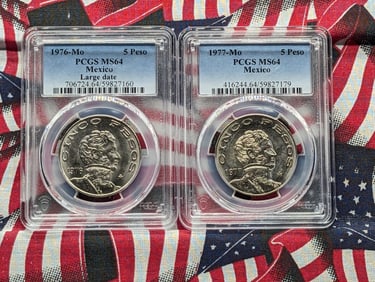 1976-Mo Large Date & 1977-Mo Mexico 5 Pesos - Both PCGS MS64 (2 Coins)