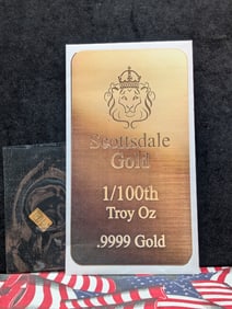 1/100th Oz. .9999 FINE GOLD Scottsdale Mint Designed Miniature Art Bar