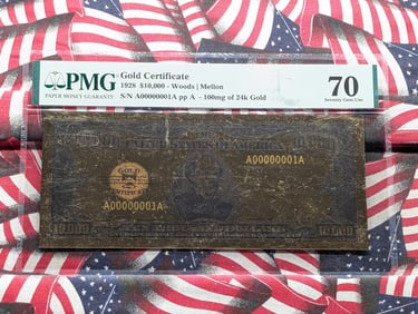 100mg 24k Gold 1928 Series $10,000.00 Gold Certificate Commemorative Note - PMG Cert. GEM UNC 70