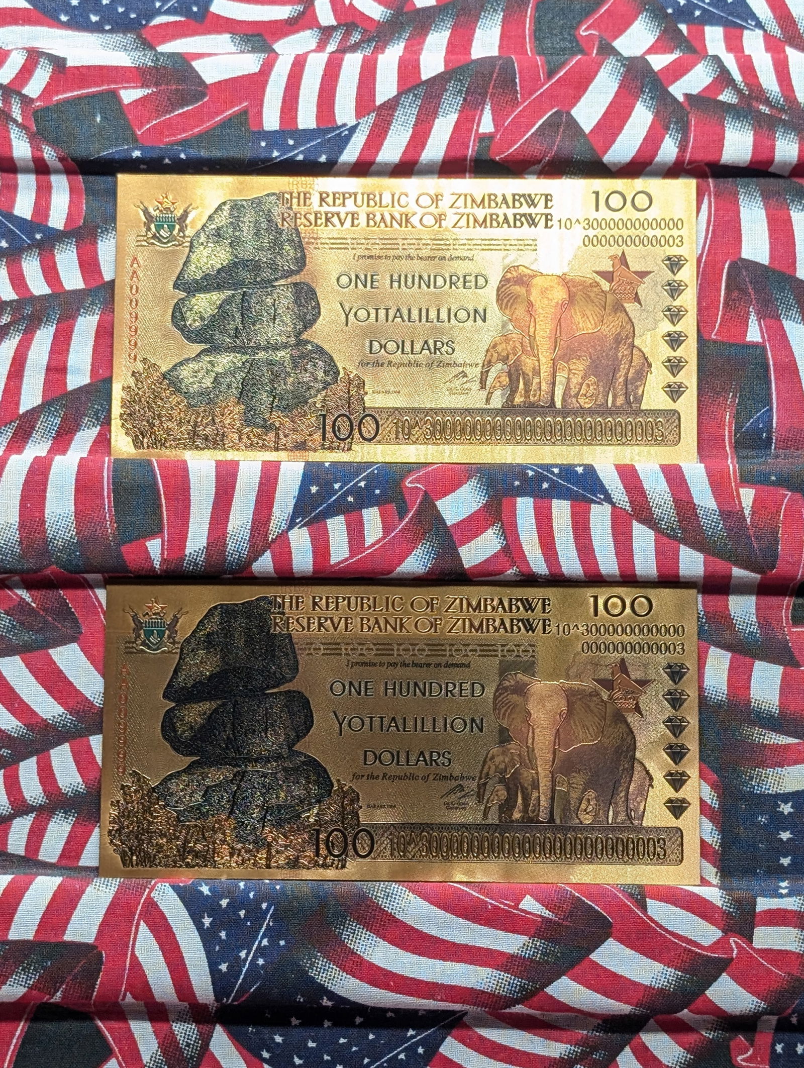 Lot of Two 24k Gold *LAYERED* 2008 Republic of Zimbabwe 100 Yottalillion Dollars Fantasy Notes (1 of 6)