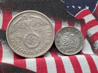 1936-F Germany 5 Silver Reichsmarks & 1911 Ceylon 25 Silver Cents 