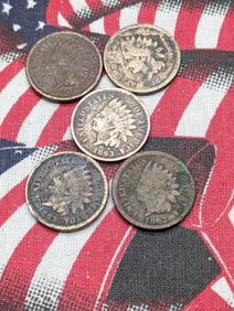 Lot of 5 Various Dated Copper Nickel Indian Head Cents