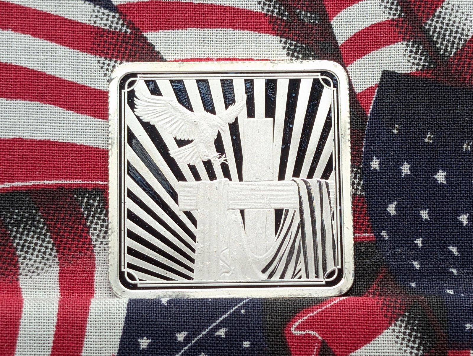 1 Oz. .999 FINE SILVER Eagle Landing on a Cross Designed Art Bar: 1 Oz. .999 FINE SILVER Eagle Landing on a Cross Designed Art Bar