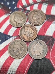(5) Indian Head Cents 1895, 1896, 1897, 1898, 1899