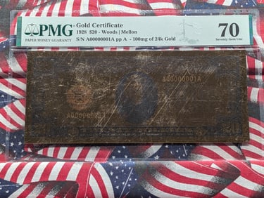 100mg 24k Gold 1928 Series $20.00 Gold Certificate Commemorative Note - PMG Cert. GEM UNC 70