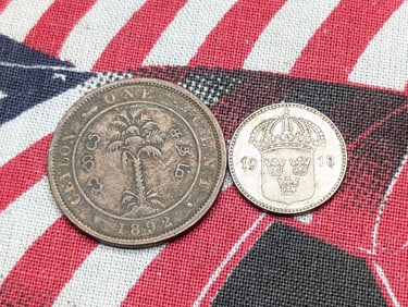 1918 Sweden Silver 10 Ore & 1892 Ceylon 1 Cent (2 PCS)